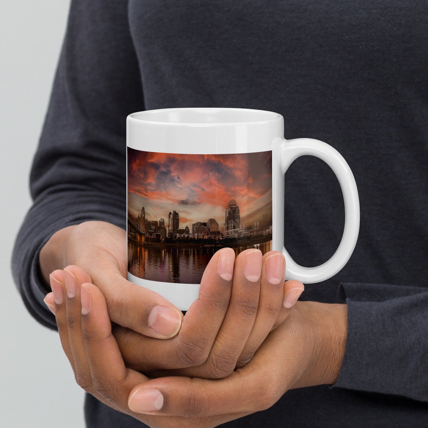 Cincinnati Skyline Sunset - White glossy mug