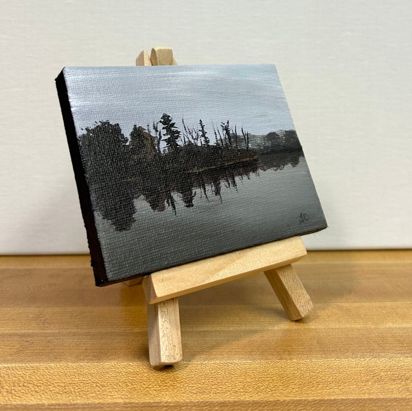 "Gray Day on the Lake" – Original Winton Woods Acrylic Mini-Painting on Canvas with Easel