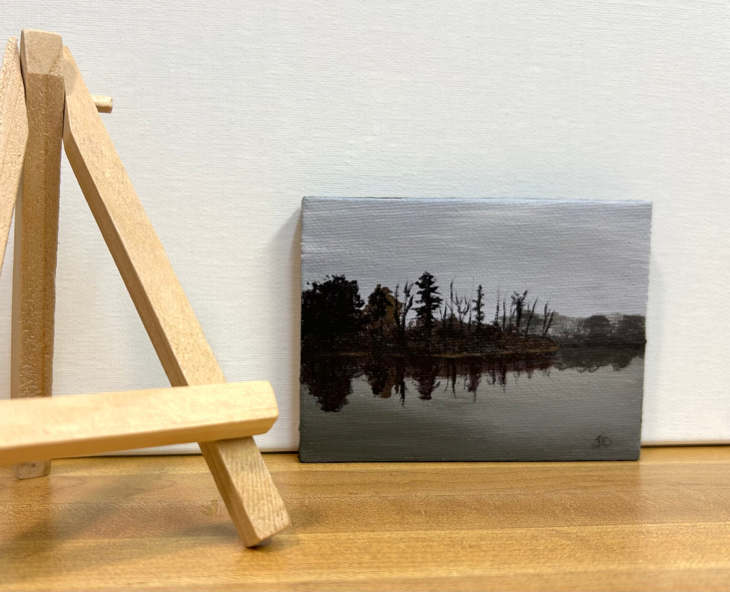 "Gray Day on the Lake" – Original Winton Woods Acrylic Mini-Painting on Canvas with Easel