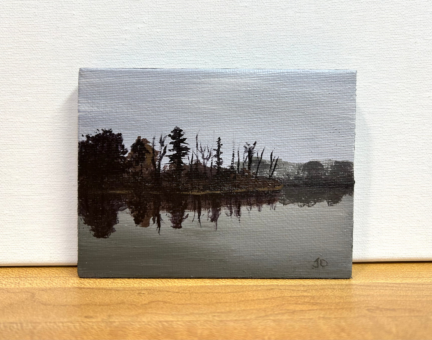 "Gray Day on the Lake" – Original Winton Woods Acrylic Mini-Painting on Canvas with Easel