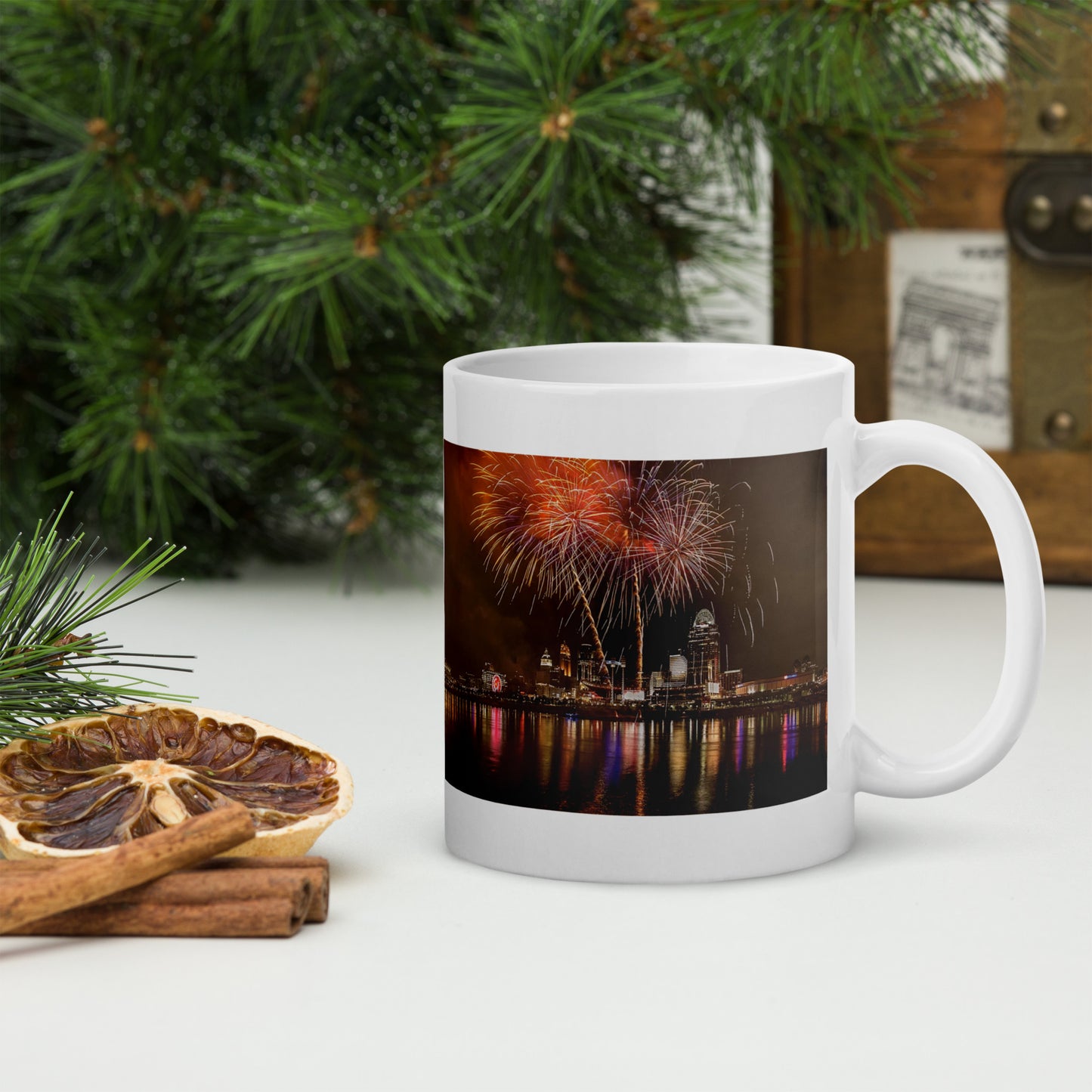 Fireworks Above Great American Ball Park - White glossy mug